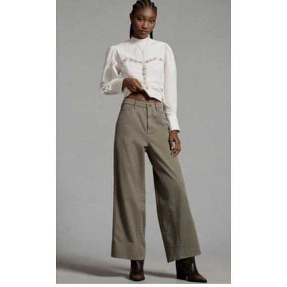 Pilcro Women’s Relaxed Elastic-Back Wide-Leg Pants Green M - Picture 1 of 12